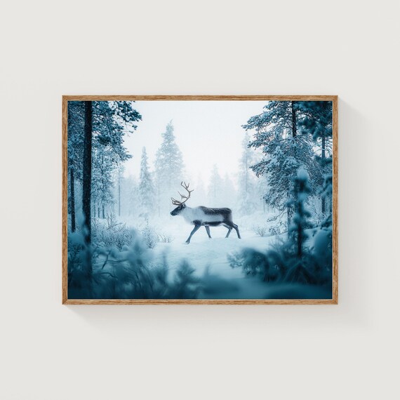 Reindeer Winter Lapland Snowy Forest Blue Twilight Wildlife Photo Poster