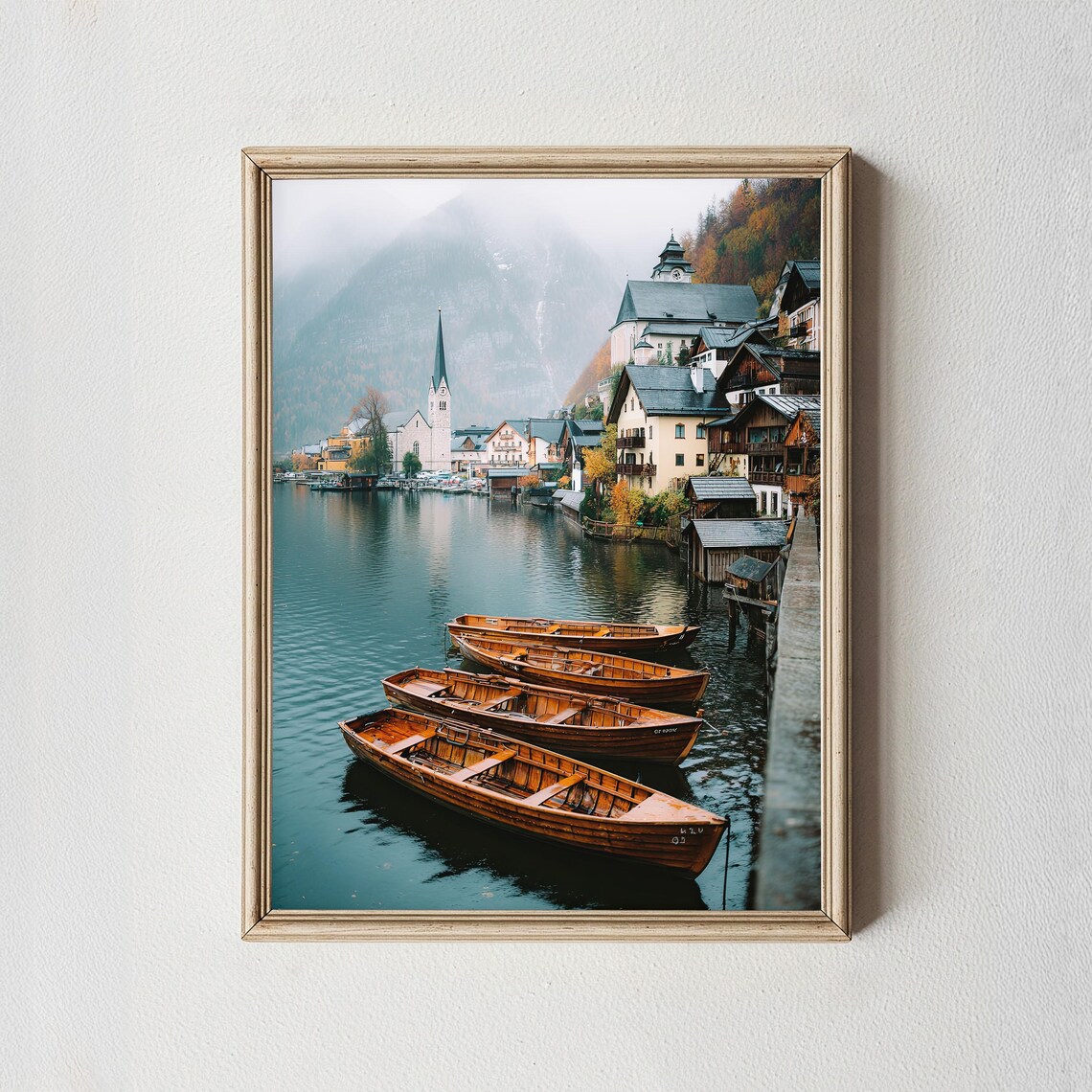 Hallstatt Austria Wooden Boats Alpine Village Lake Photo Poster