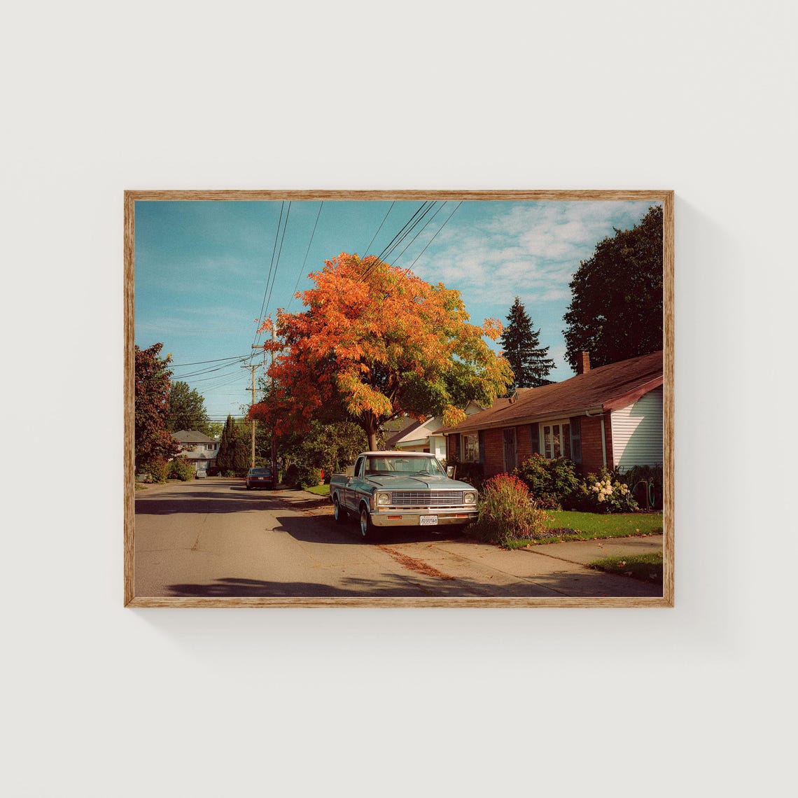 Vintage Car Street Print Autumn Tree Photography Retro Americana