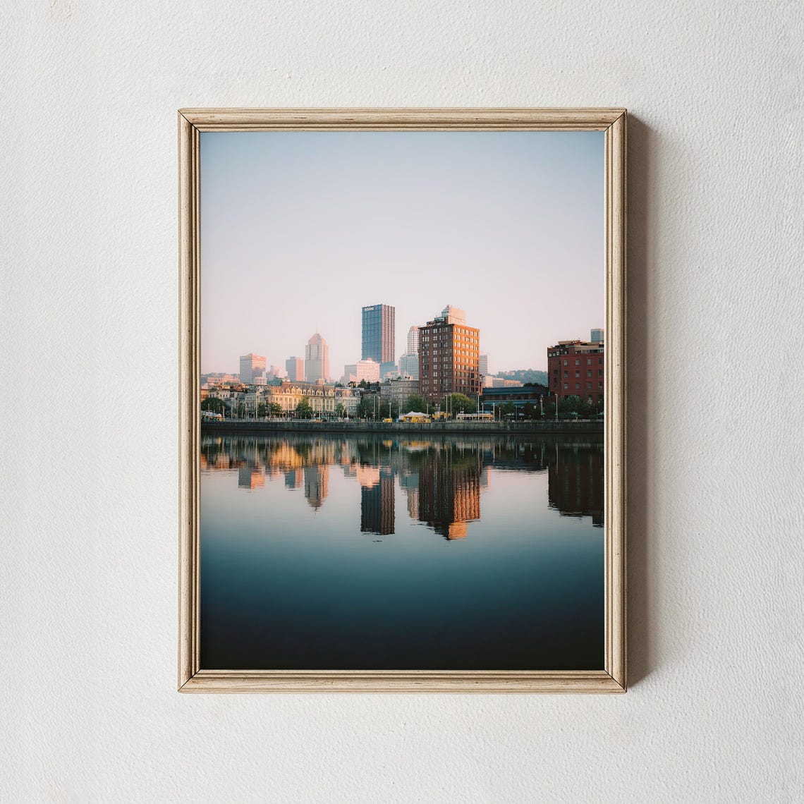 City Skyline Reflection Print Sunset Architecture Photography Framed Home Decor