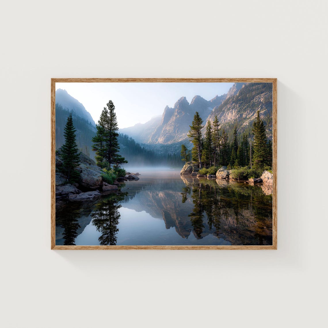 Rocky Mountain Lake Misty Dawn Pine Reflections Landscape Wall Art