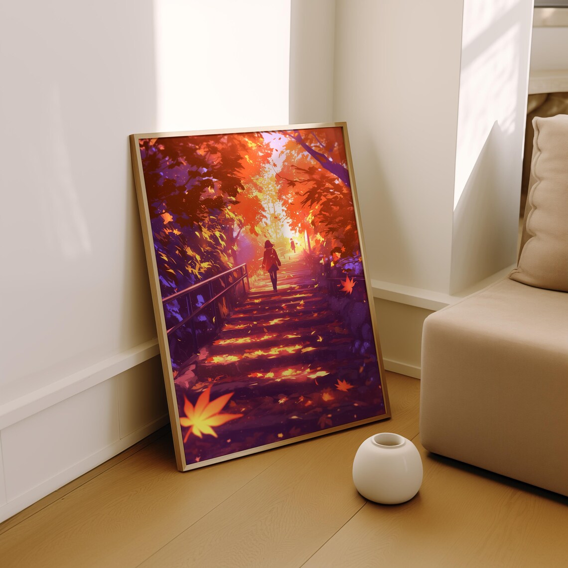 Silhouette Climbing Glowing Autumn Staircase at Sunset Poster - Image 2