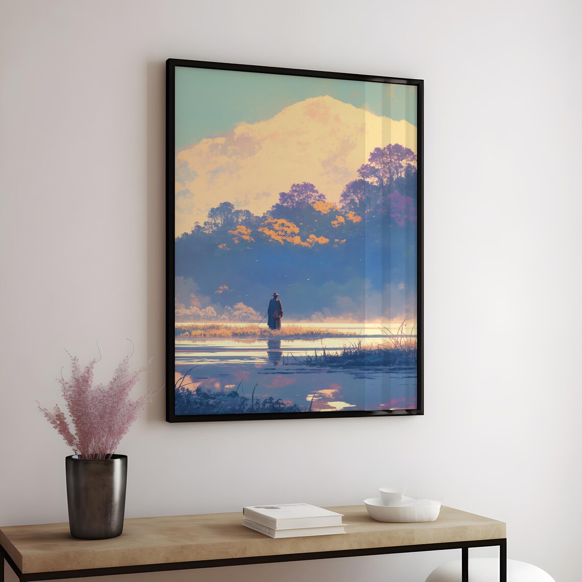 Lone Traveler Misty Lake Golden Clouds Sunset Solitude Poster - Image 3