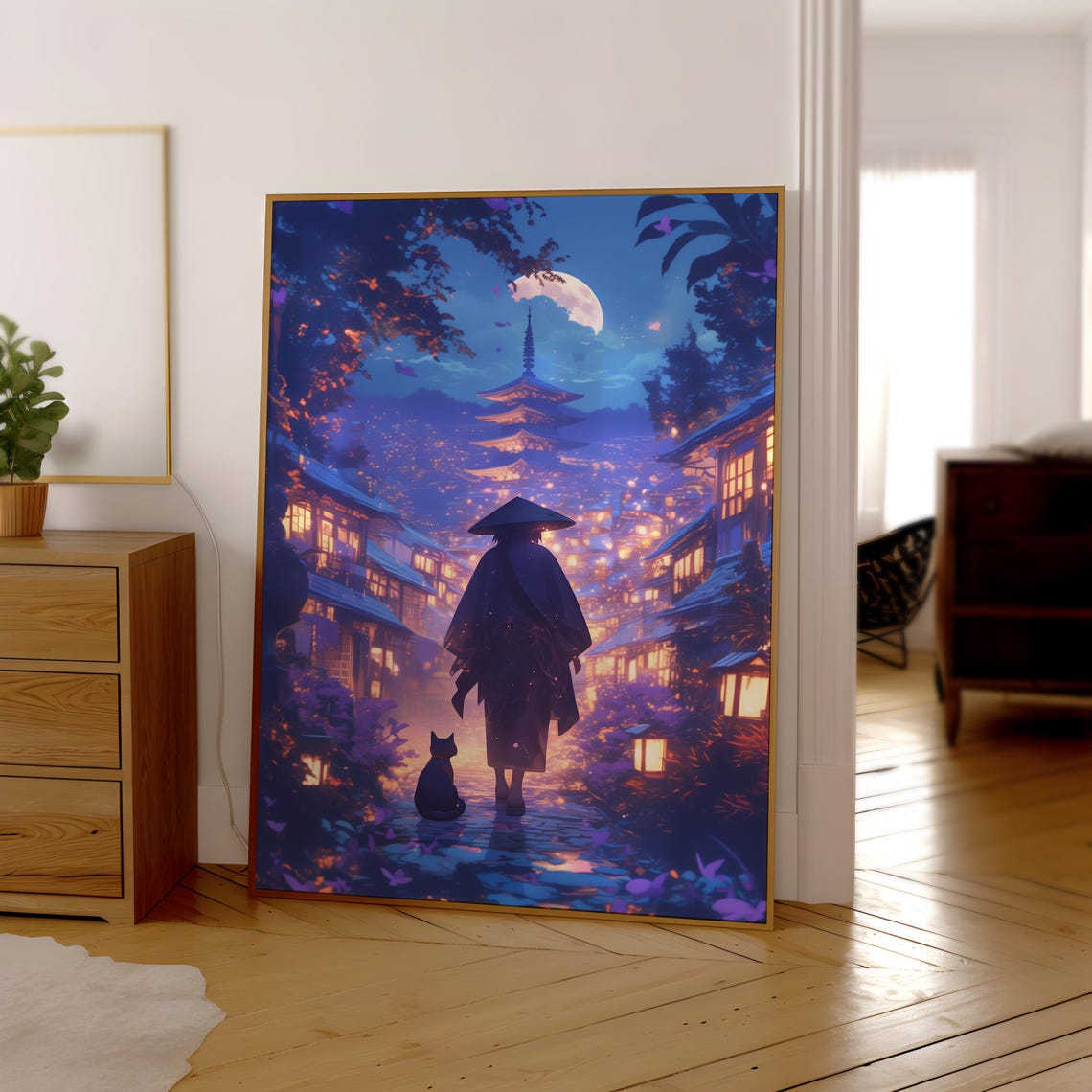 Moonlit Japanese Village Street With Glowing Pagoda and Cat Poster - Image 4