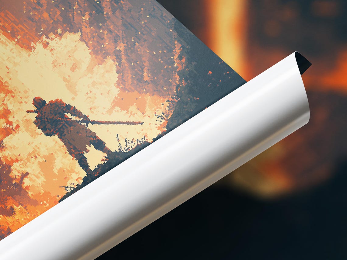 Pixel Art Warrior Fire Waterfall Epic Fantasy Battle Blaze Poster - Image 3