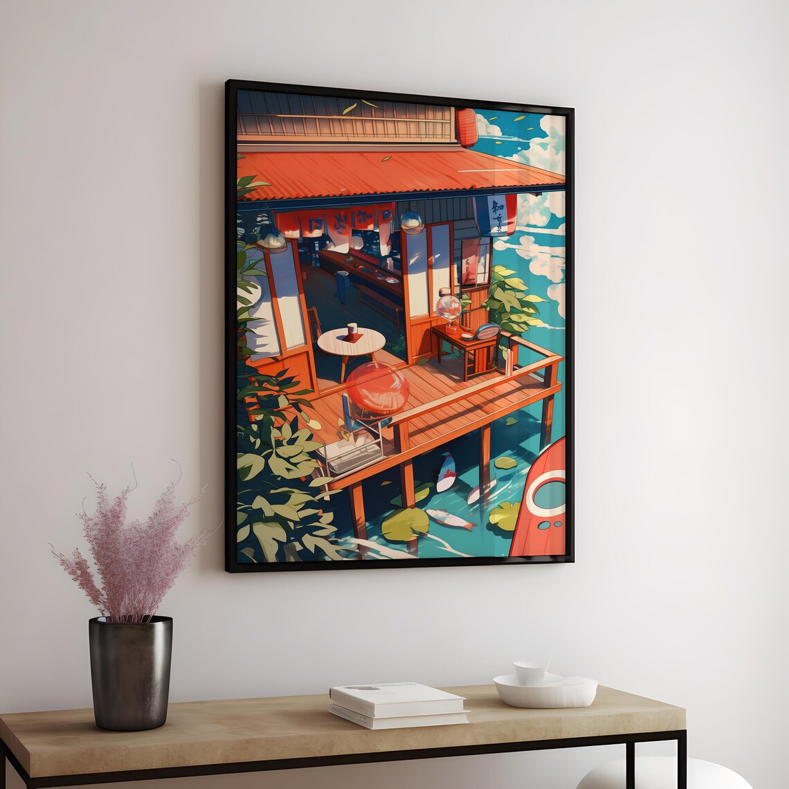 Charming Japanese Cafe on Wooden Stilts Over Koi Pond Anime Poster - Image 3