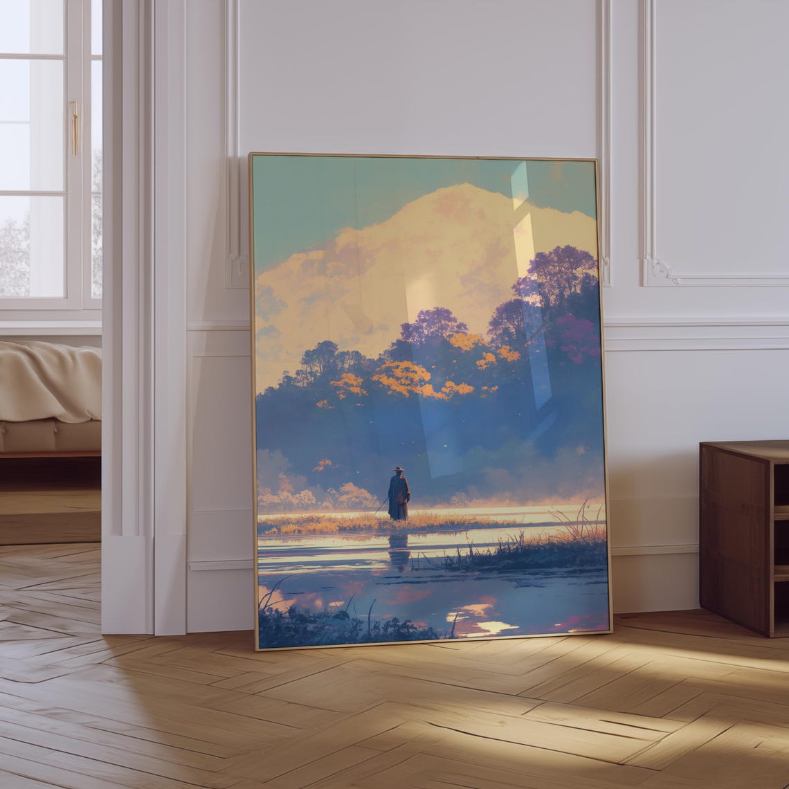 Lone Traveler Misty Lake Golden Clouds Sunset Solitude Poster - Image 4
