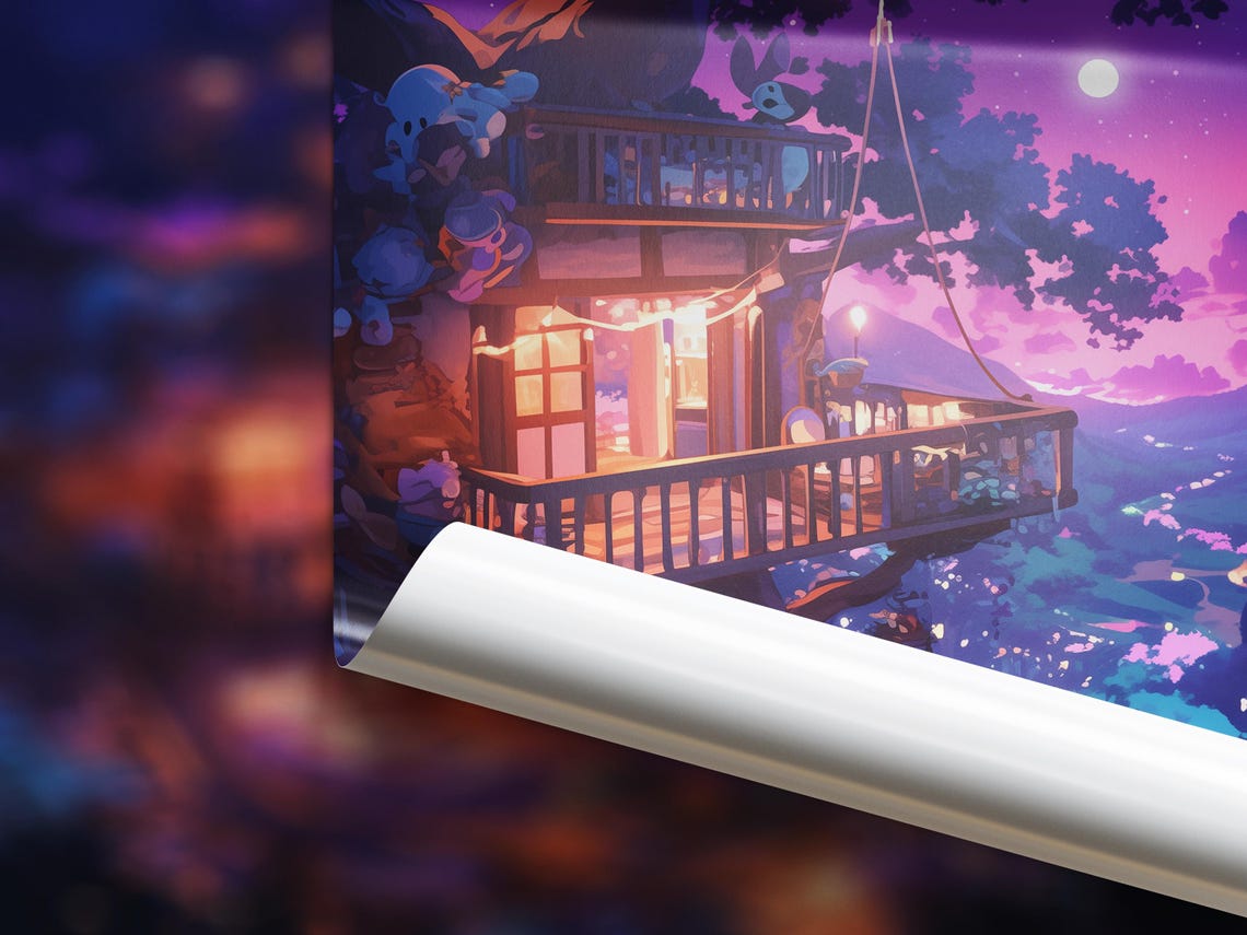 Whimsical Treehouse Night String Lights Moon Valley View Art Poster - Image 4