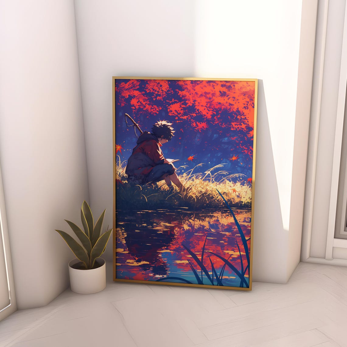 Anime Boy Reading Sunset Lake Reflection Autumn Grasses Poster - Image 4
