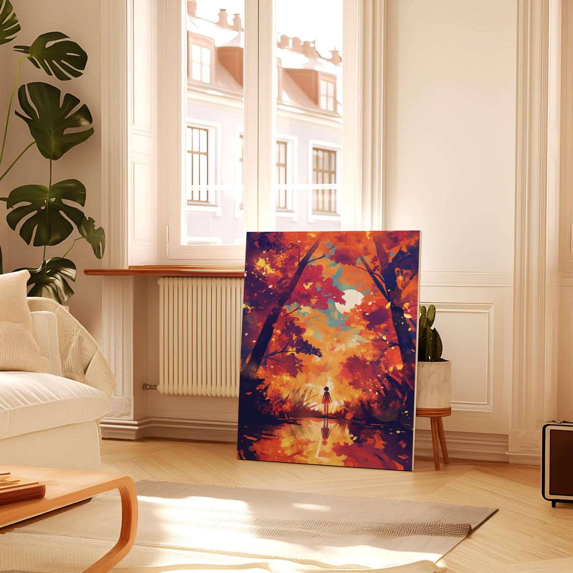 Small Figure Under Autumn Trees Beside Glowing Moonlit Water Poster - Image 2