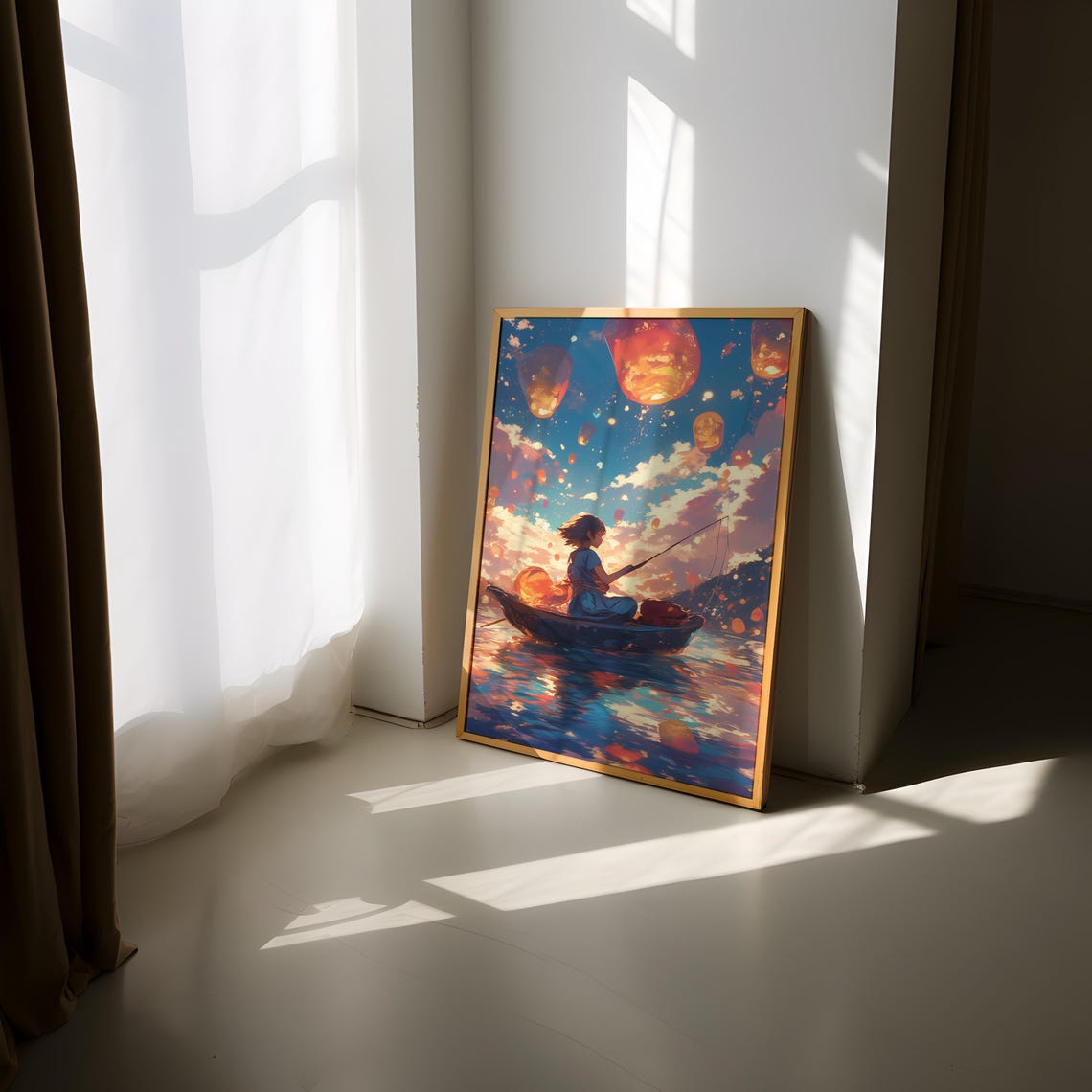 Anime Boy Fishing Sunset Boat Floating Sky Lanterns Magic Poster - Image 3