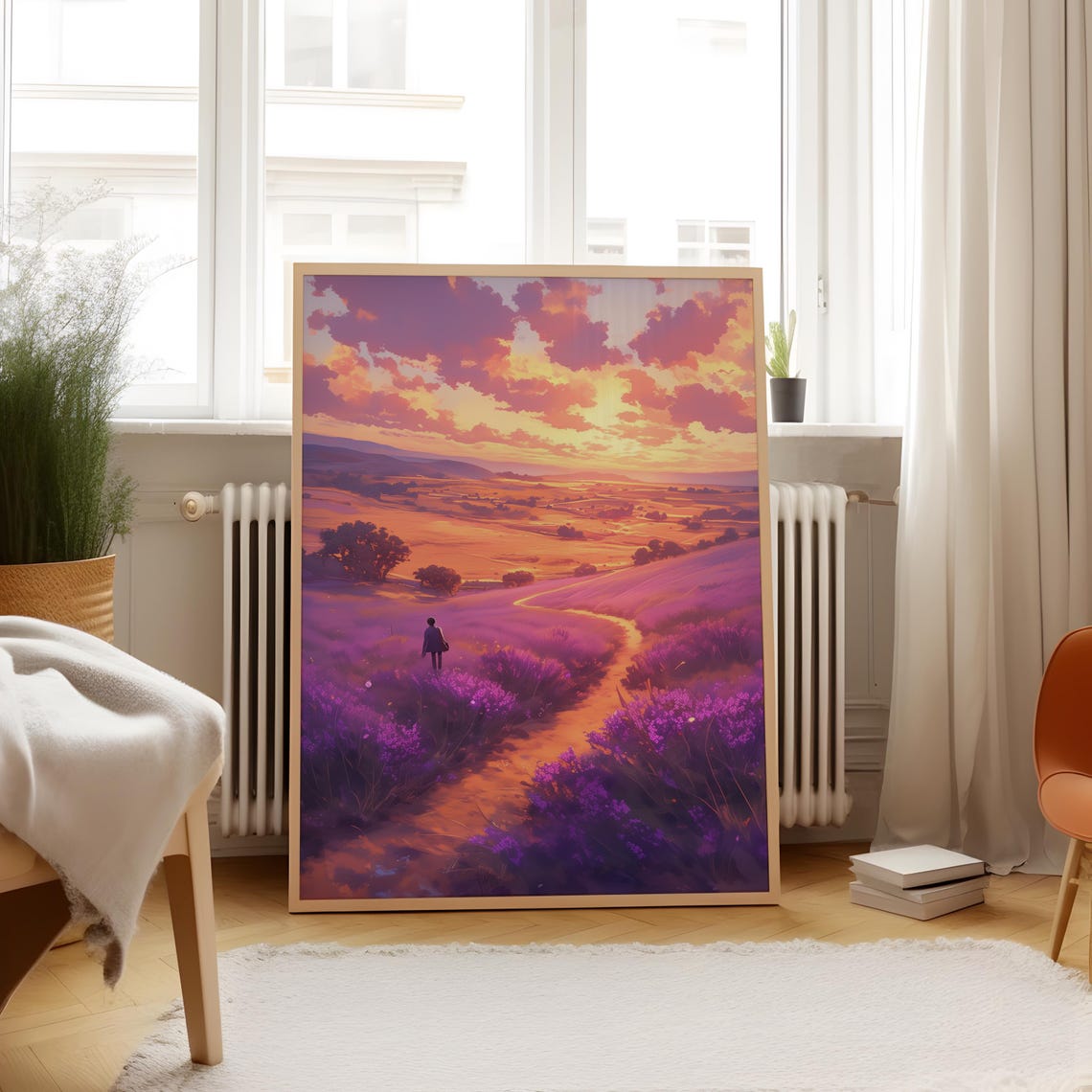 Anime Sunset Lavender Field Wanderer Tranquil Purple Sky Poster - Image 4