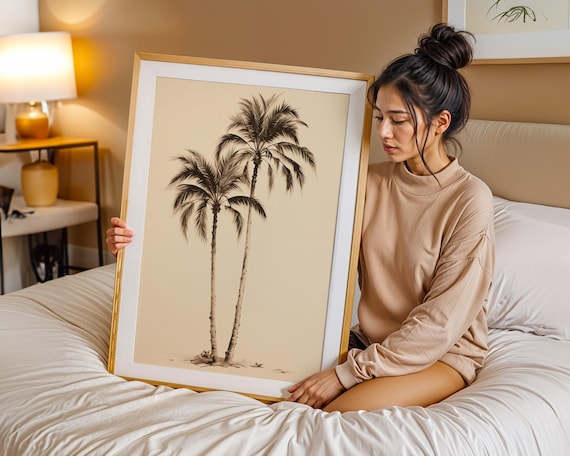 Minimalist Sepia Palm Tree Poster Tropical Sketch Coastal Beach House