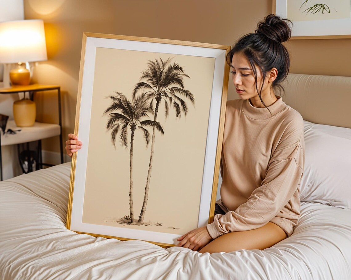 Minimalist Sepia Palm Tree Poster Tropical Sketch Coastal Beach House