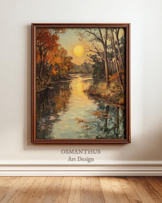 Autumn River Sunset Oil Painting Golden Fall Landscape Poster