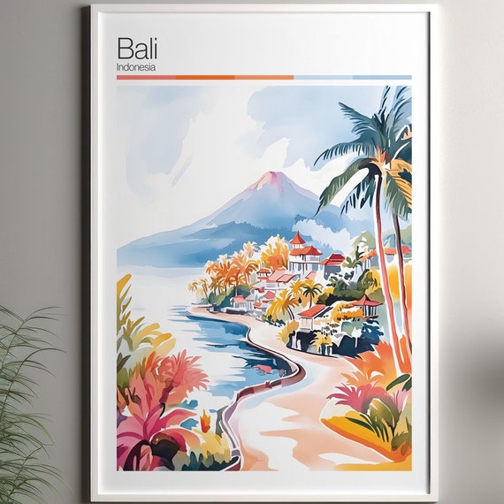 Bali Print Soft Colors Travel Poster Colourful Wall Art Indonesia City Decor For