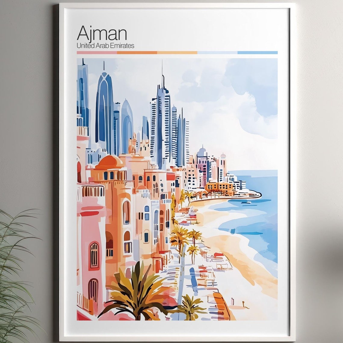 Ajman United Arab Emirates Beach Skyline Watercolor Travel Poster
