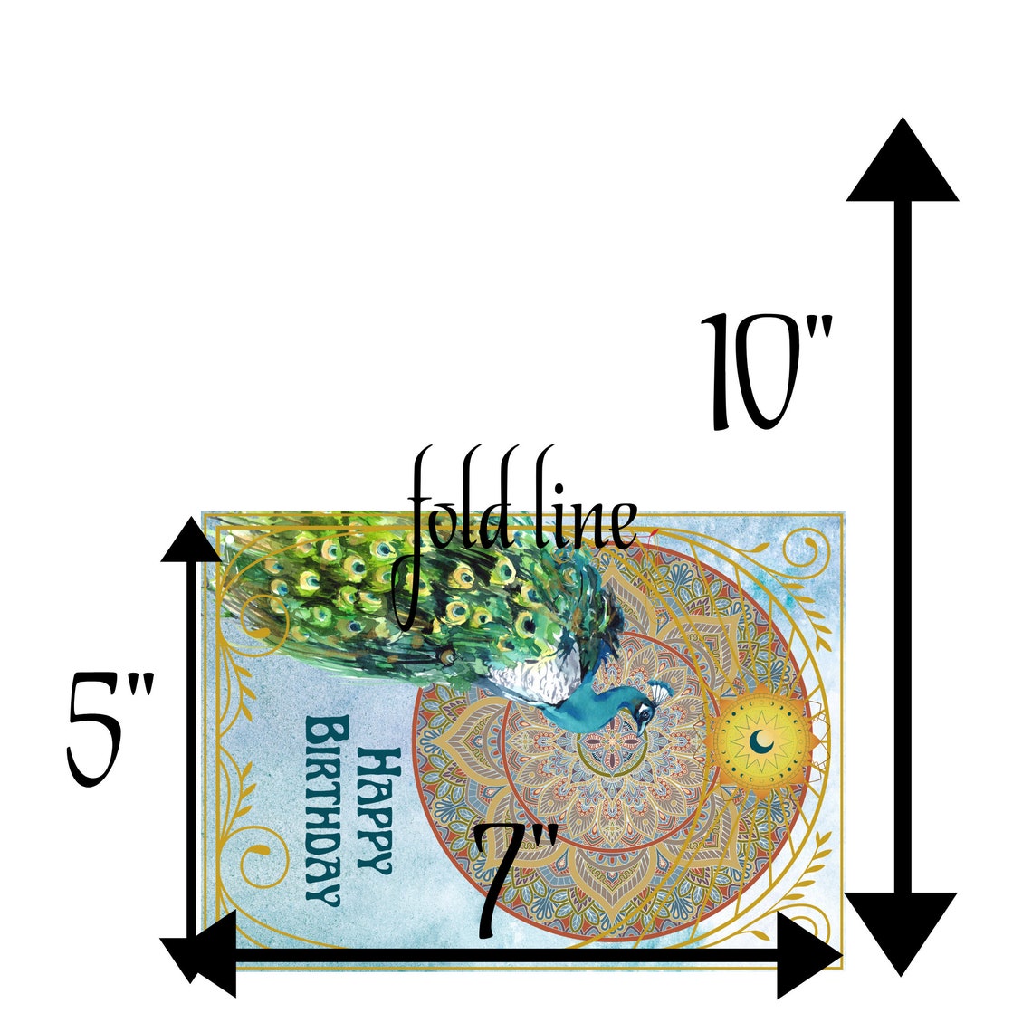 Happy Birthday Peacock Art Deco Mandala Gold Watercolor Card - Image 2