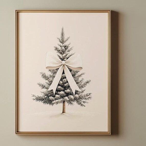 Cream Bow Watercolor Christmas Tree Minimalist Coquette Holiday Wall Poster