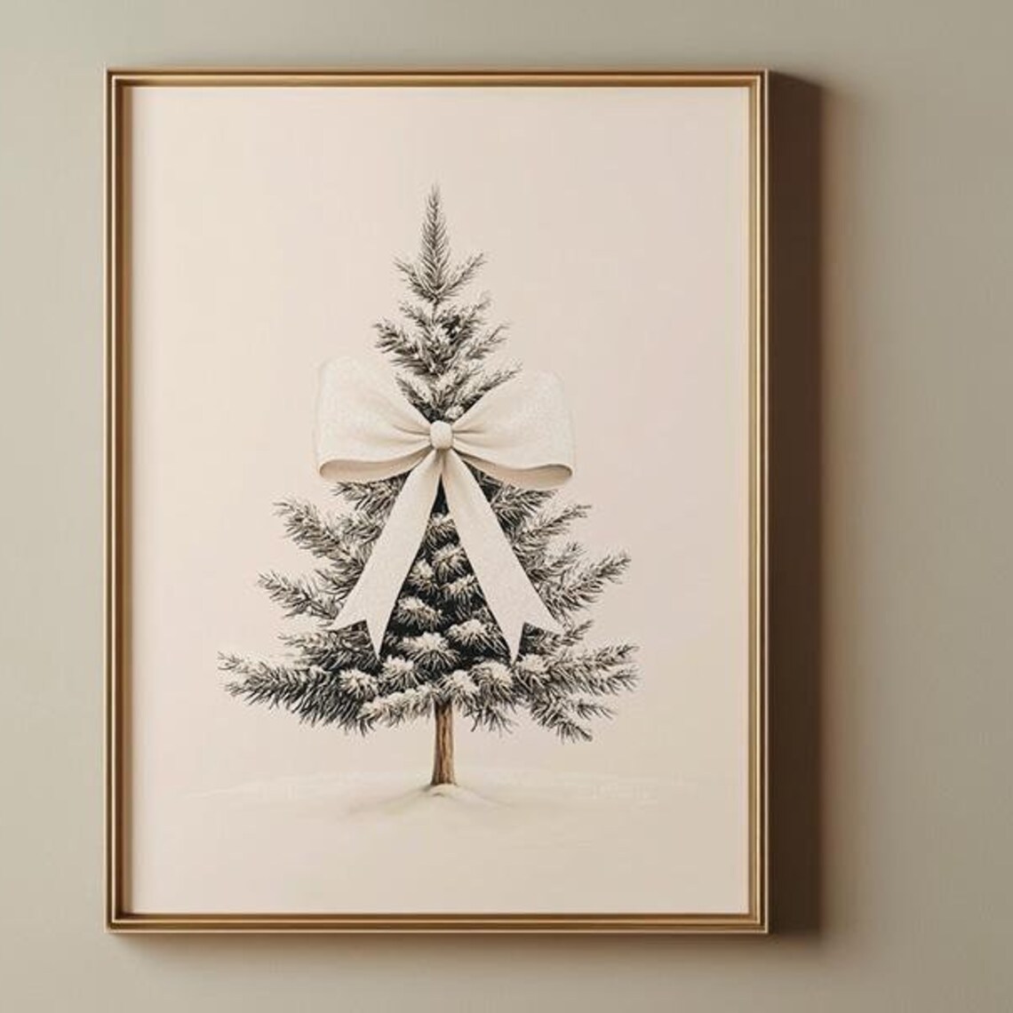 Cream Bow Watercolor Christmas Tree Minimalist Coquette Holiday Wall Poster