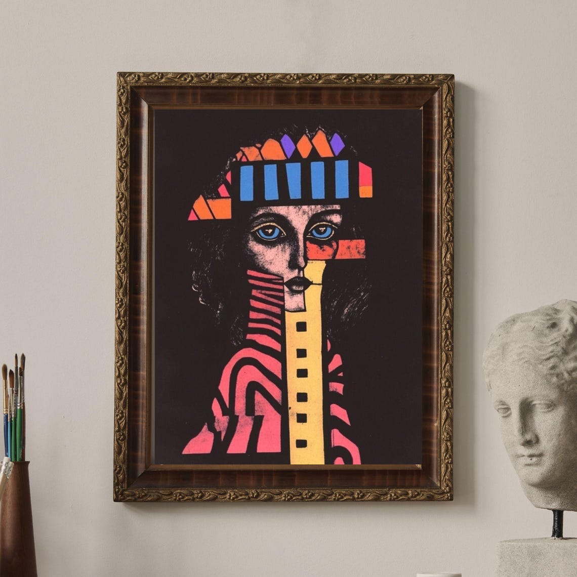 Enid Bold Geometric Woman Portrait on Black Pop Art Style Poster