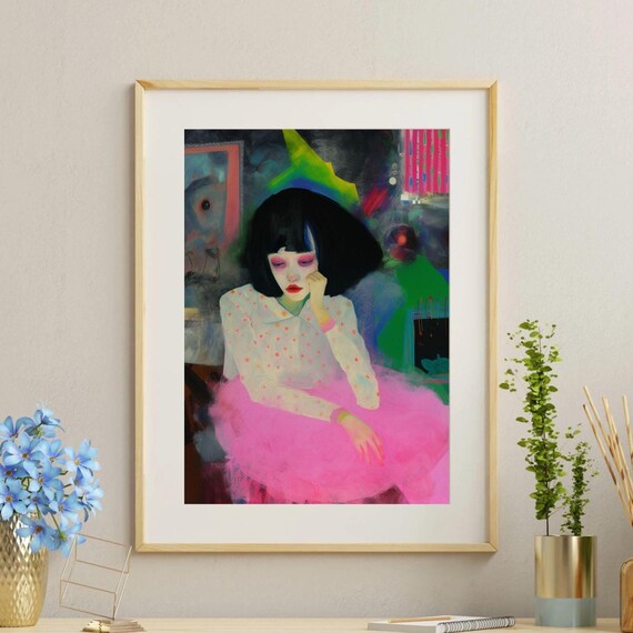 Pink Tutu Girl Pop Surrealist Painting Colorful Whimsical Portrait Poster
