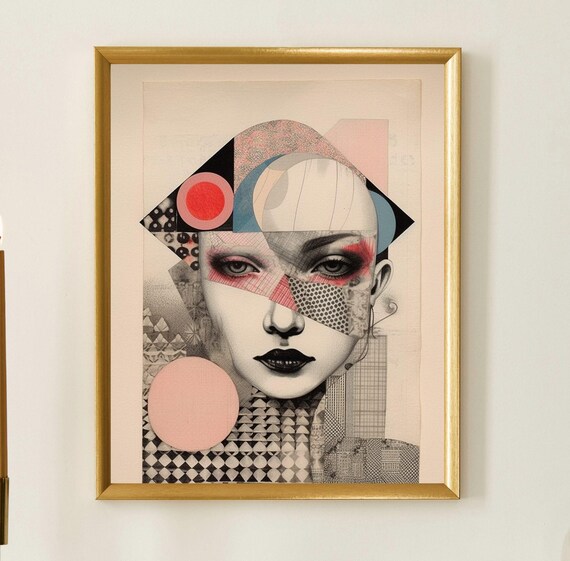 Geometric Collage Woman Face Pink Blue Shapes Avant Garde Art Poster