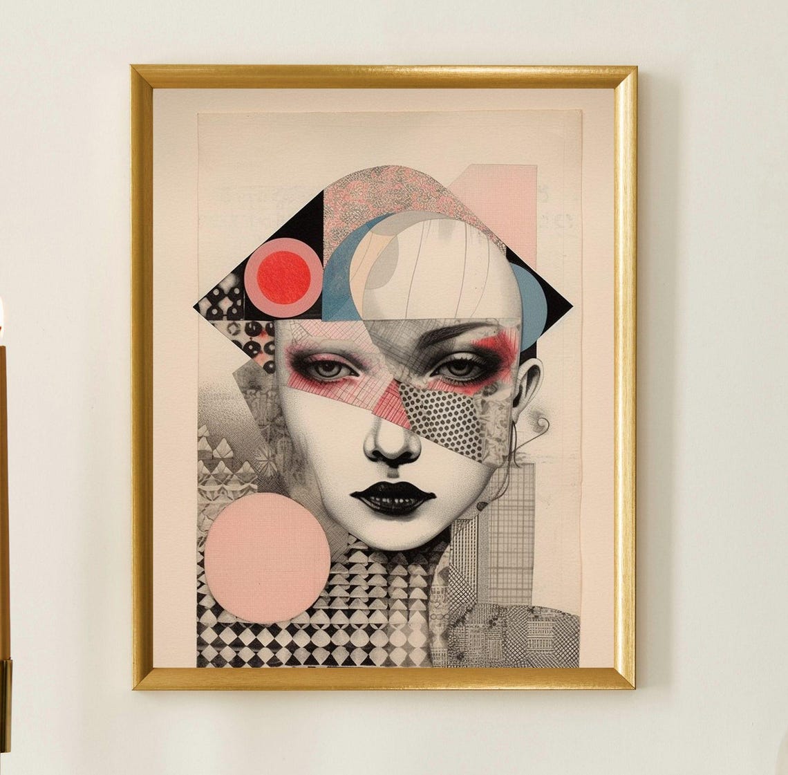 Geometric Collage Woman Face Pink Blue Shapes Avant Garde Art Poster