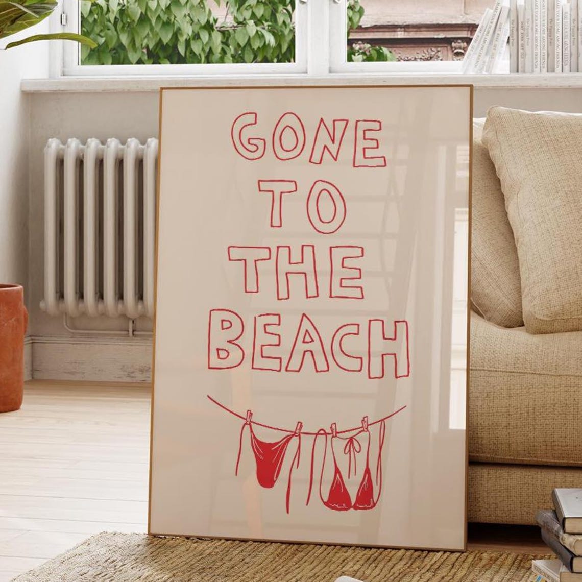 Gone to the Beach Red Bikini Line Art Coastal Summer Quote Poster