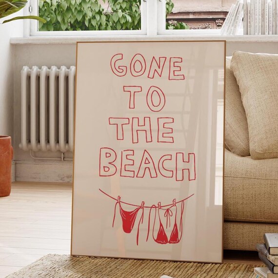 Gone to the Beach Red Bikini Line Art Coastal Summer Quote Poster