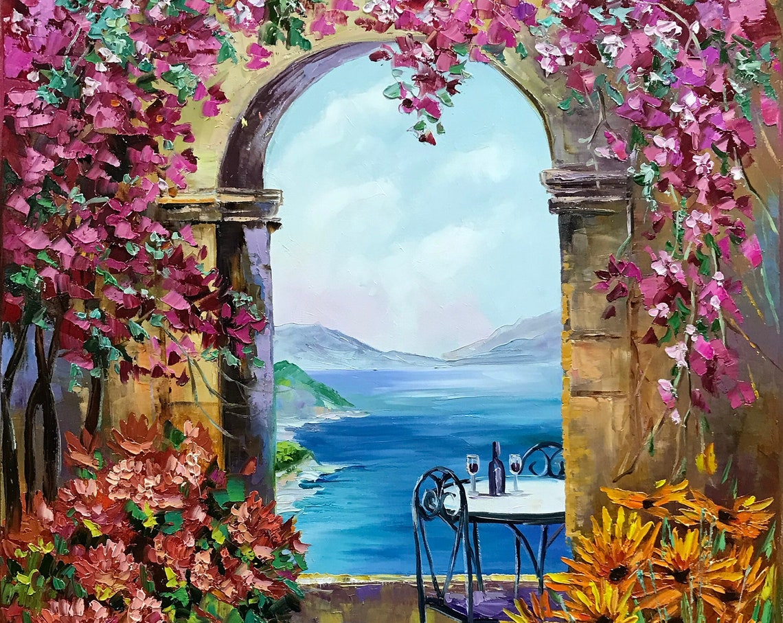 Positano Italy Oil Painting Original Italian Courtyard Painting Italy Art Beautiful Italian Village Painting On Amalfi Coast Painting - Image 3