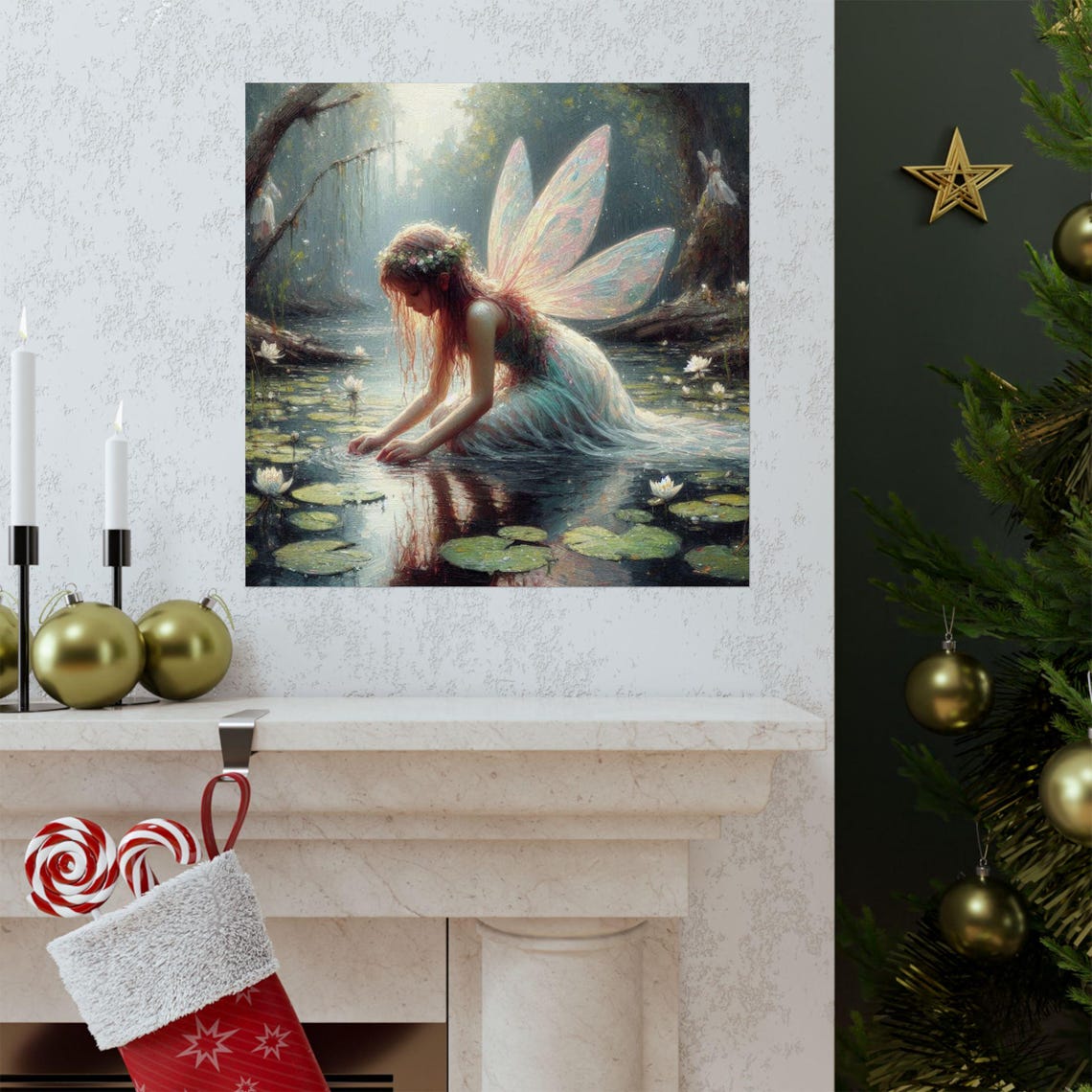 Fairy Kneeling by Lily Pond with Water Reflection Fantasy Poster - Image 3