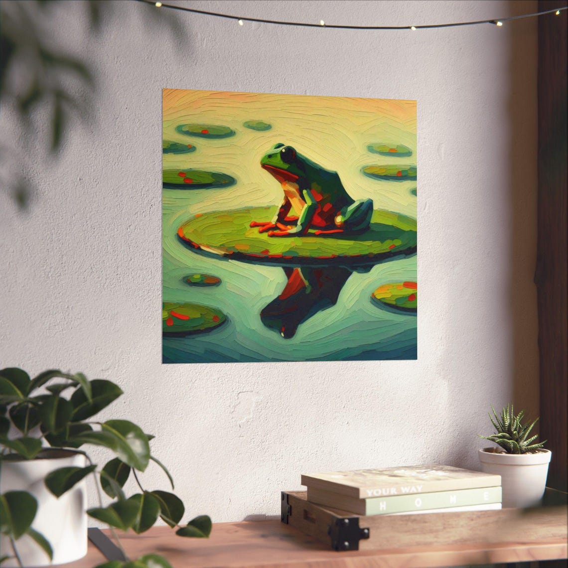 Serene Green Frog Resting on a Lily Pad in a Quiet Pond Poster - Image 4