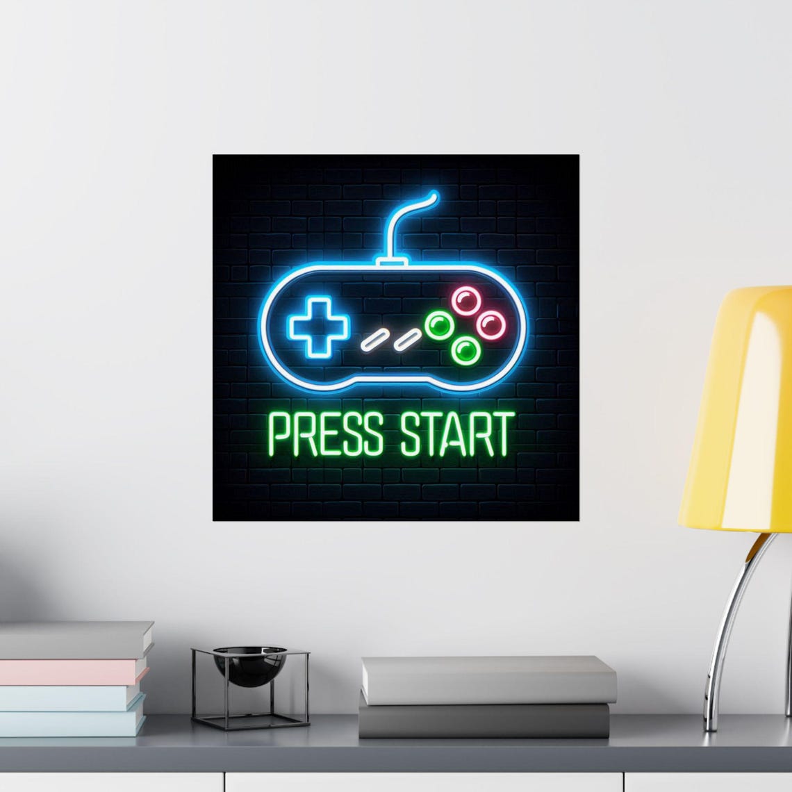 Glowing Neon Game Controller with Green Press Start Text Poster - Image 2