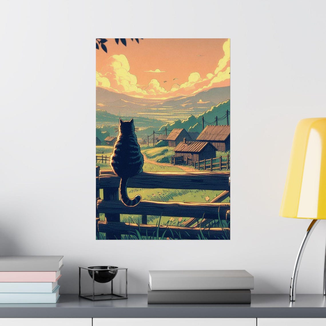 Tabby Cat Sitting on a Fence Watching a Village Sunset Poster - Image 2