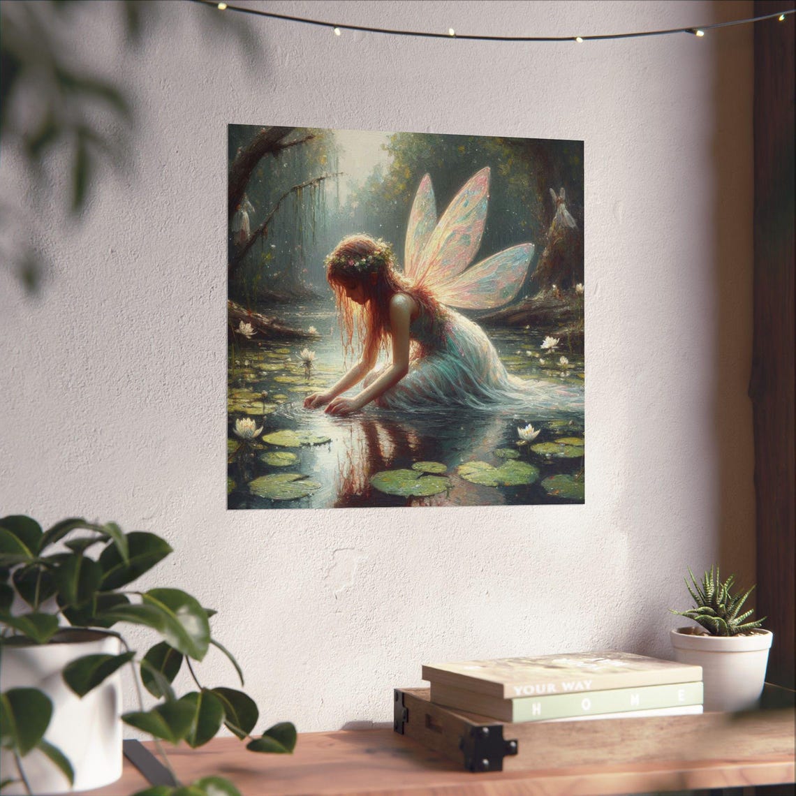 Fairy Kneeling by Lily Pond with Water Reflection Fantasy Poster - Image 4