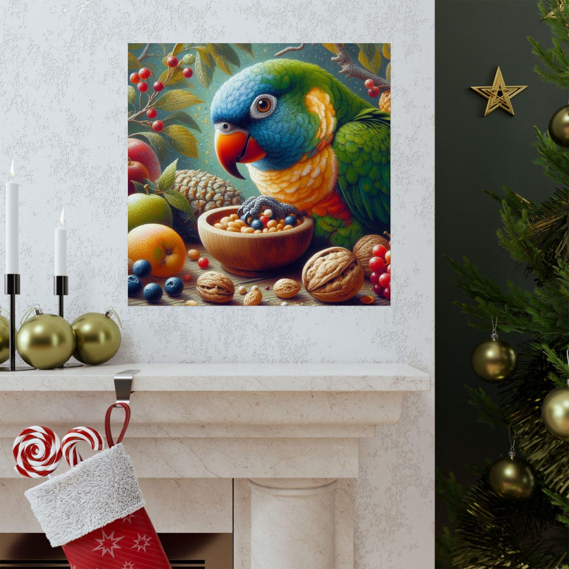 Colorful Parrot Eating Fruit from Bowl Whimsical Bird Art Poster - Image 3