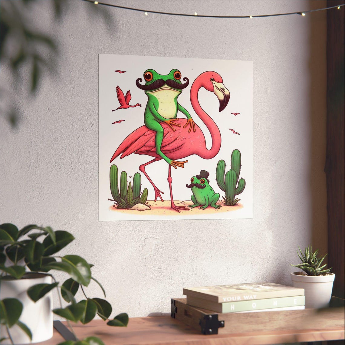 Mustachioed Frog Riding a Pink Flamingo in the Desert Poster - Image 4