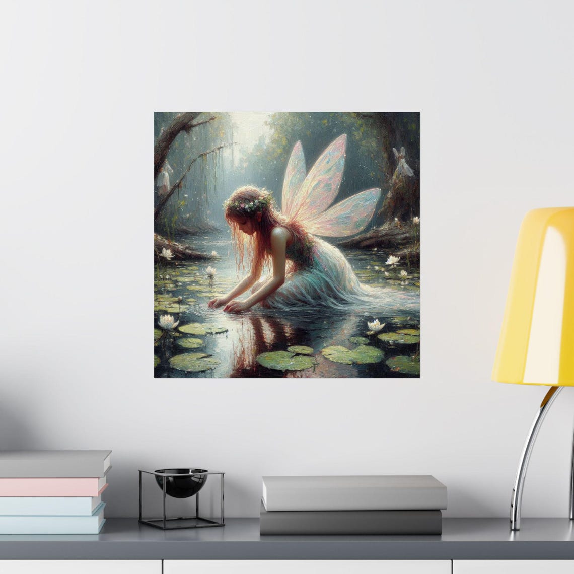 Fairy Kneeling by Lily Pond with Water Reflection Fantasy Poster - Image 2