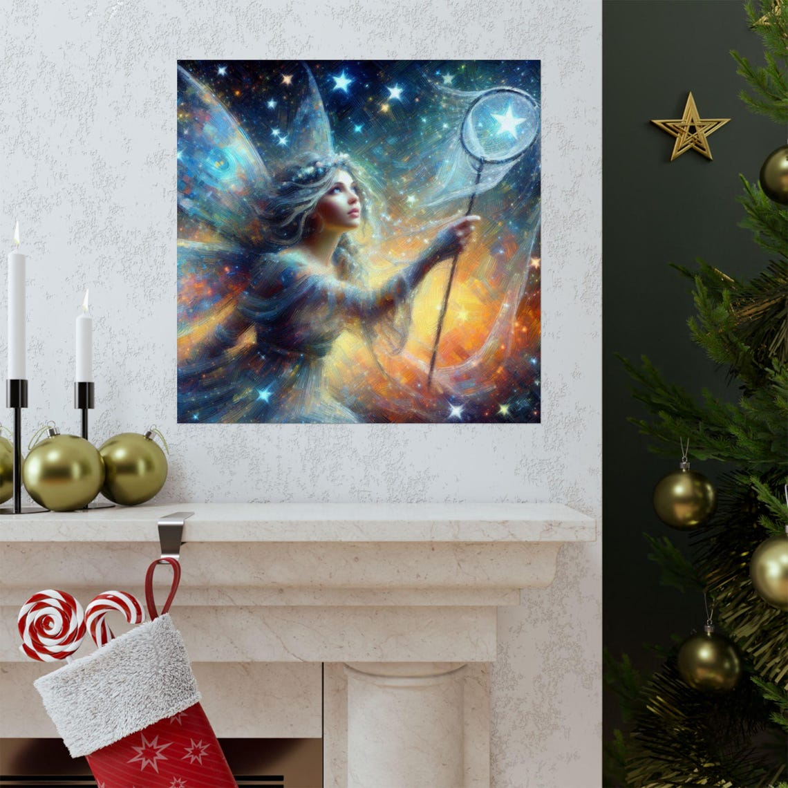 Fairy Catching Glowing Stars with Net in Night Sky Fantasy Poster - Image 2