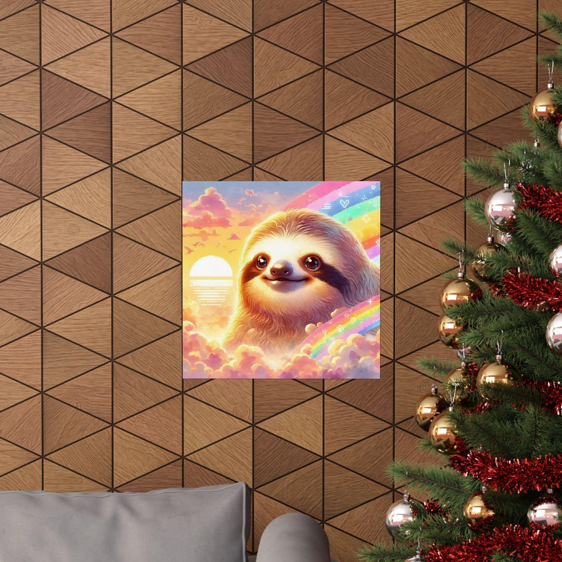Smiling Sloth under Rainbow Sunset Sky Funny Animal Art Poster - Image 6