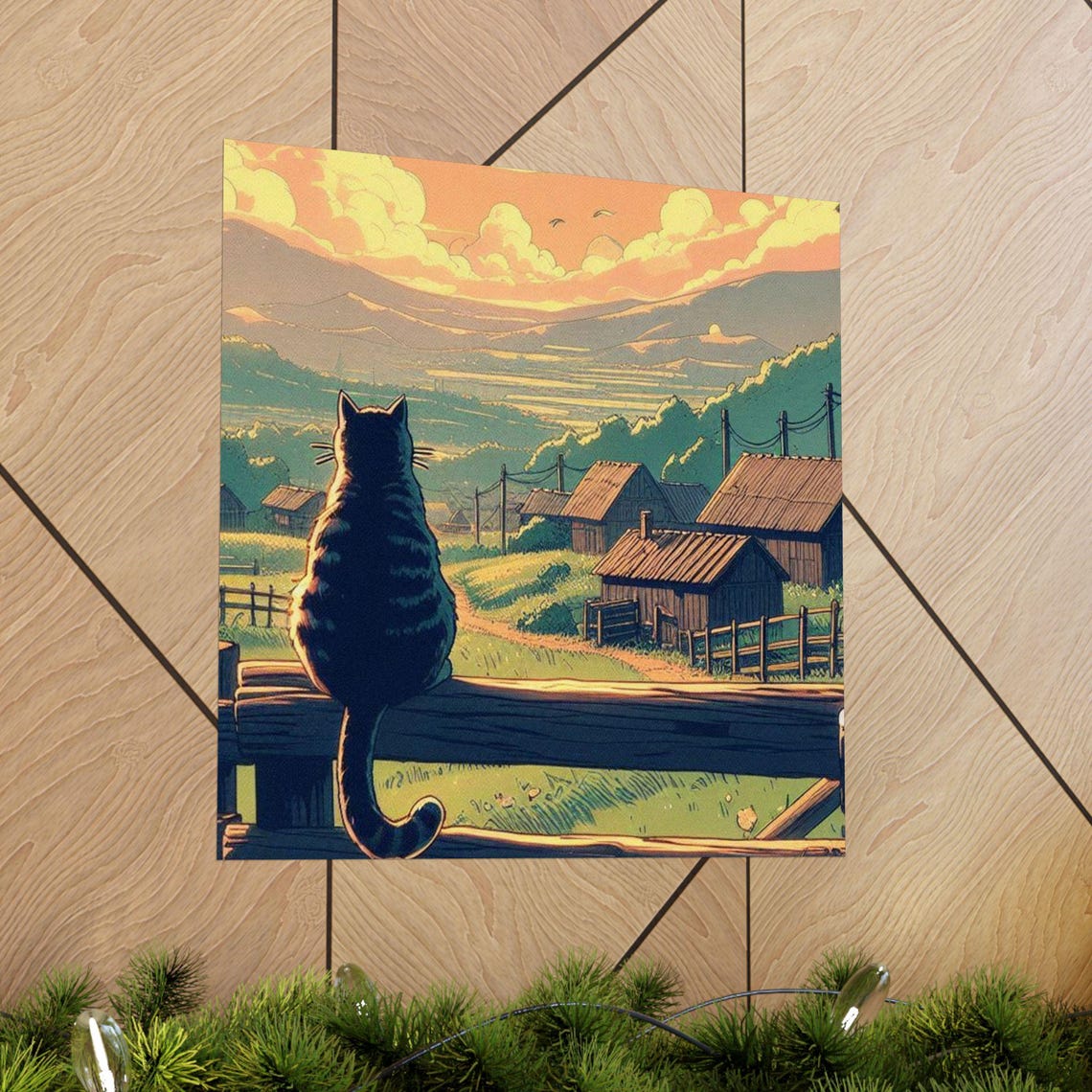 Tabby Cat Sitting on a Fence Watching a Village Sunset Poster - Image 3