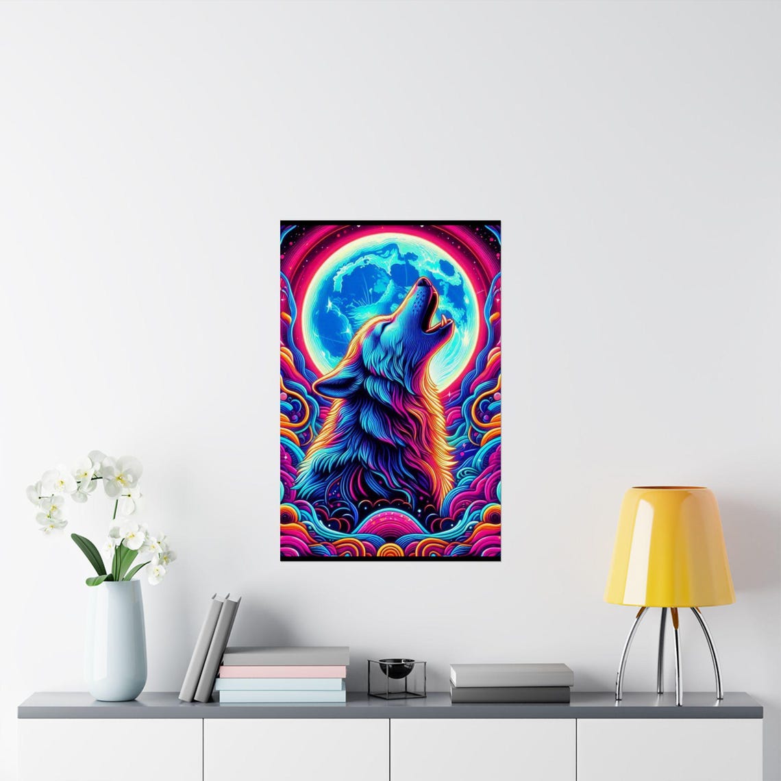 Psychedelic Howling Wolf Beneath a Glowing Full Moon Art Poster - Image 2