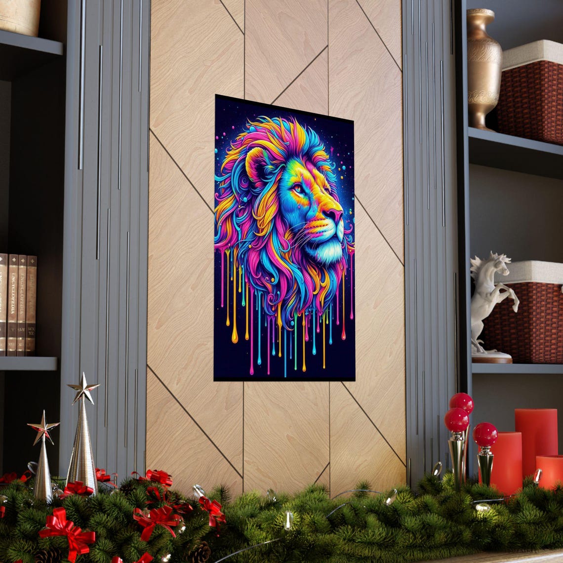 Colorful Lion Head with Dripping Neon Paint on Black Art Poster - Image 3