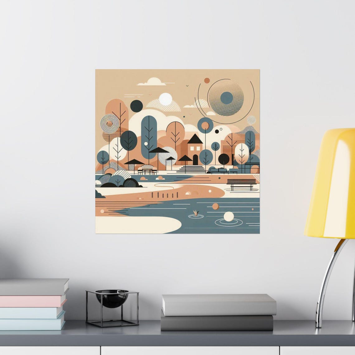 Geometric Abstract Park by the Lake in Warm Earth Tones Poster - Image 2