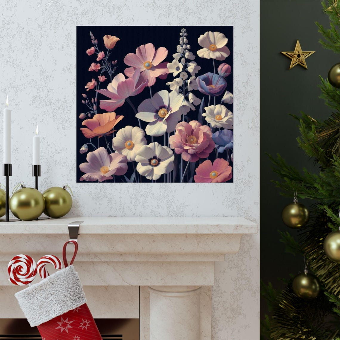 Pastel Wildflowers Blooming on Dark Background Botanical Art Poster - Image 3