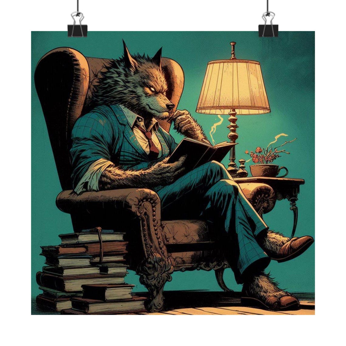 Werewolf Gentleman Reading a Book in an Armchair Humor Art Poster - Image 6