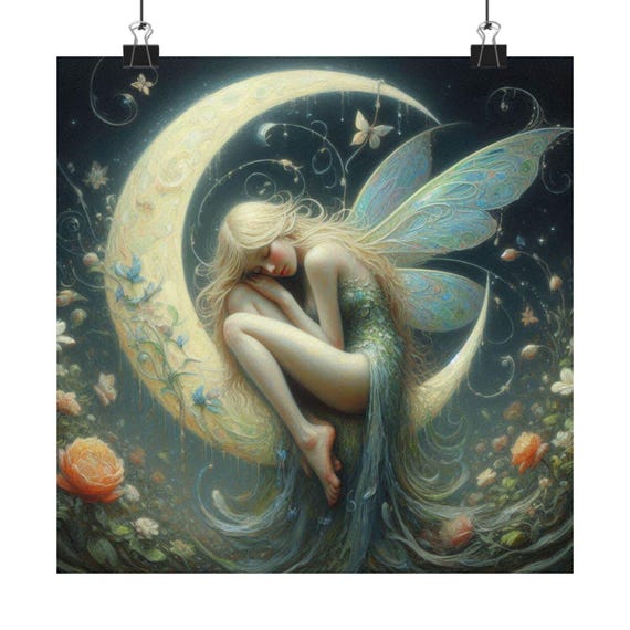 Whimsical Fairy Moon Art Print Enchanting Home Decor Fantasy Wall Art Dreamy Gift For Nature Lovers Bedroom Wall Hanging Bohemian
