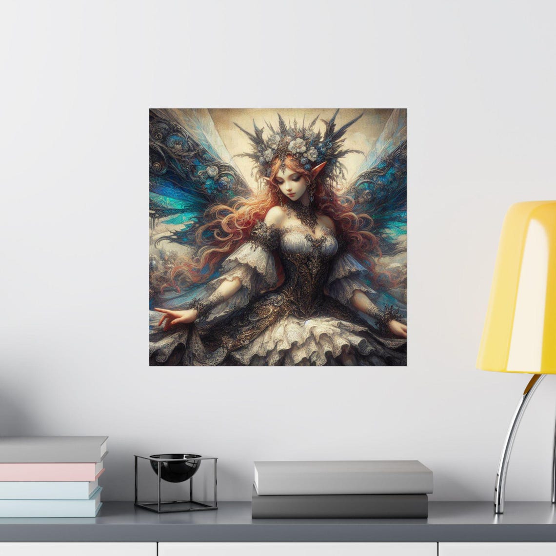 Gothic Fairy Queen with Ornate Wings and Feather Crown Art Poster - Image 2