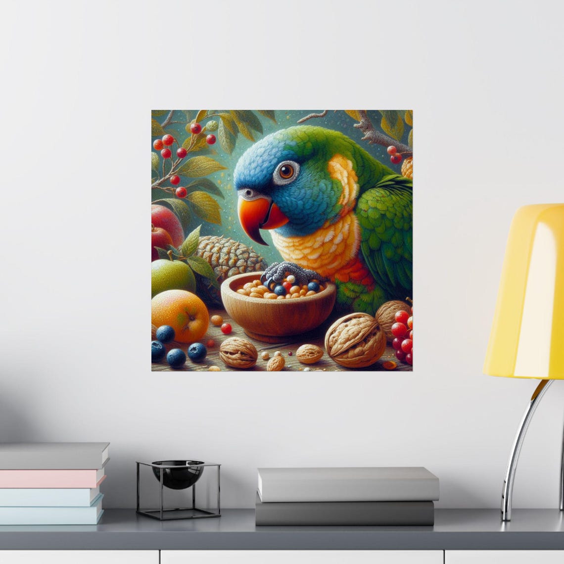 Colorful Parrot Eating Fruit from Bowl Whimsical Bird Art Poster - Image 2